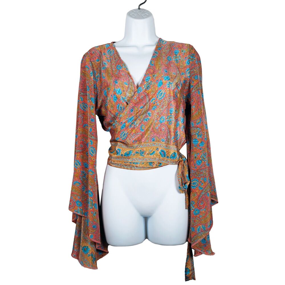 Wevez Silk Wrap Cropped Blouse Top Paisley Floral Made in India Boho Free Size